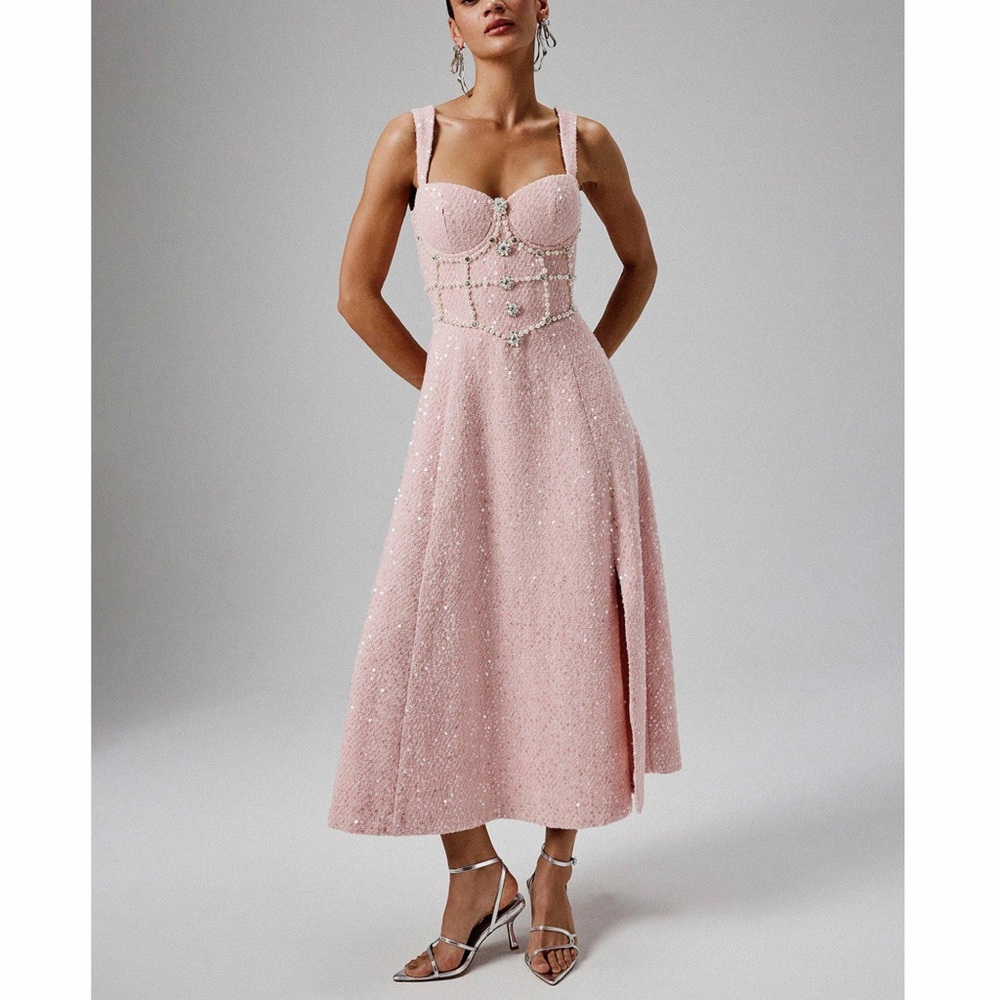 Lavish Alice sequin boucle A-line pearl embellished midi dress